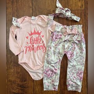 Little Princess pink Floral long sleeve onsie pant & headband outfit 6-9 months